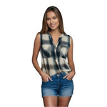 Sonoma Women's White Grey Tan Ombre Plaid Sleeveless Shirt M Loose Fit Cotton VG