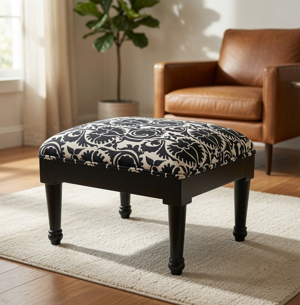 Square Upholstered Footstool Black White Damask Fabric 18"x18"x15" Good