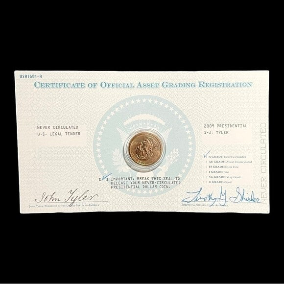 2009 Presidential John Tyler Dollar Coin Certificate Asset Grading Uncirculated