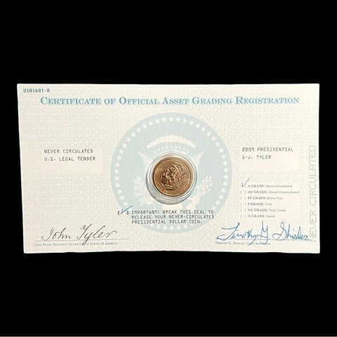 2009 Presidential John Tyler Dollar Coin Certificate Asset Grading Uncirculated