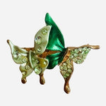 Vintage Green Crystal Butterflies Brooch 2"x1.25" Gold Tone Pin VG
