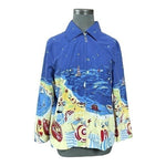 ONQUE Casuals Coastal Beach Print Zip Jacket Women M Cotton Blue Multicolor VG