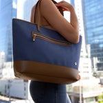 VESSEL Brown Blue Denim Canvas Leather Tote Bag Weekend Shoulder Zip Very Good
