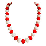 Red White Beaded Statement Necklace Single Strand 24" Womens Costume Jewelry