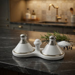 Moroccan Ceramic Double Tagine Salt Pepper Set Silver Trim White 4" VG Artisan