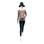 ROSSO PICANTE Womens Top S Brown Grey Animal Print Sheer Stretch Crewneck Blouse