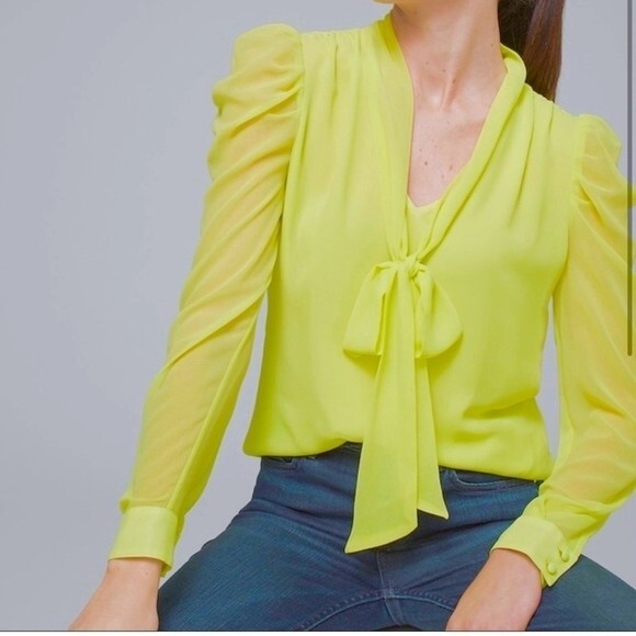 WHBM Womens Top L Neon Yellow Sheer Puff Long Sleeve Tie Neck Blouse EXC