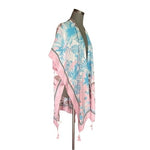 Womens Swimsuit Cover Up Blue Pink Floral Hawaiian Fringe Open Front Tunic OS VG