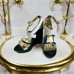SHOEDAZZLE MORGANA Black Gold White Open Toe Platform Wedge Sandals Size 8