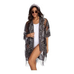Women's Gray Silver Burnout Kimono Swim Cover Up Fringe One Size Sheer VG