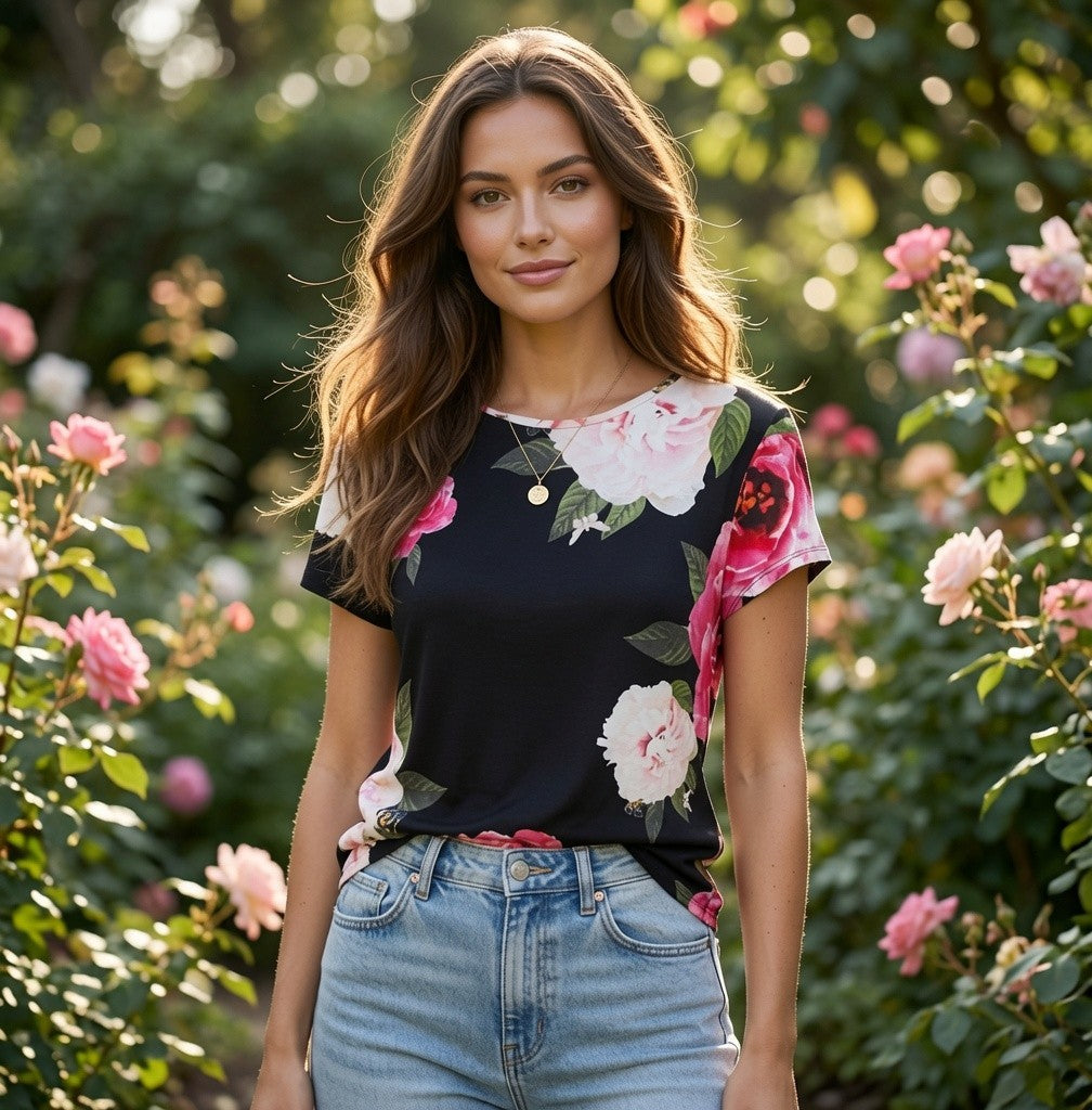 Ted Baker London Black Floral Print Top Short Sleeve Roses Womens 3
