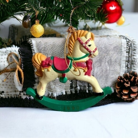 Vintage 1990 Wooden Rocking Horse Christmas Tree Ornament Multicolored 3.5"x3.5"