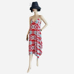 Tyche Women's Red Vivid Abstract Print Asymmetrical Midi Dress M Spaghetti NWT