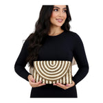 Chic Woven Straw Clutch Bag Brown Beige Stripe Curved Flap Beach Purse 11x6" EXC