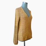 WHITE+WARREN Women's Gold Metallic Lurex Sweater Size M V-Neck Ribbed Pullover