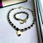 Women’s Brown Leather Silver Heart Necklace & Bracelet Jewelry Set Gift Box