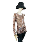 ROSSO PICANTE Womens Top S Brown Grey Animal Print Sheer Stretch Crewneck Blouse