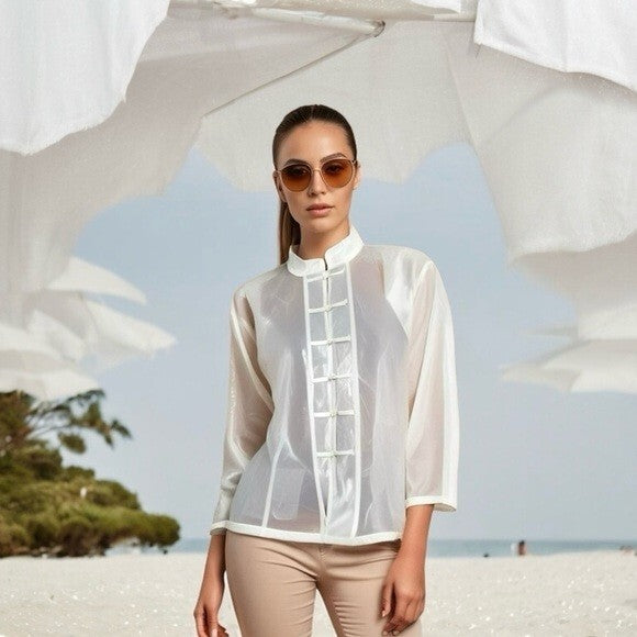 Womens White Organza Sheer Mandarin Collar Button Front Blouse L Long Sleeve NWT