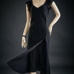 Vintage LAPIS Women Gown M Black V Neck Ruffle Sheer Ball Gown Tie Shoulder Midi