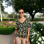 FREE PEOPLE Women's Floral Sheer Loose Fit Top Navy Yellow Black Rayon Size S