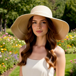 D&Y Wide Brim Floppy Straw Sun Hat Ivory Braided Trim Scalloped Brim G+