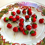 Vintage Cherry w/ Leaves Mini Ornaments Set 22x Red Green 0.75" Handpainted Xmas