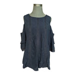 Ann Taylor Women Blouse Navy Blue Cold Shoulder Crochet Lace Ruched Tiered Sleev