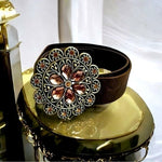Women Brown Embossed Leatherette Belt Flower Rhinestone Metal Buckle 36" 2" Wide