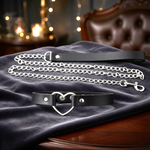 Black Faux Leather Heart Choker Collar Silver Chain Leash Set Goth Punk NIP