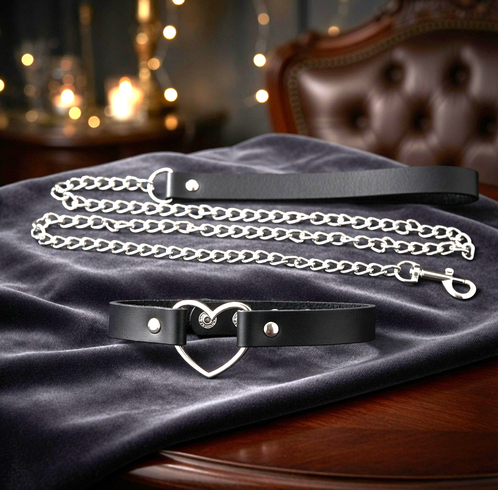 Black Faux Leather Heart Choker Collar Silver Chain Leash Set Goth Punk NIP