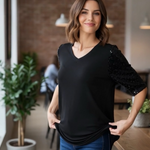 Quacker Factory Women's Black V-Neck Top Sequin Elbow 3/4 Sleeve Tunic Shirt XL