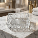 Vintage Pressed Glass Rectangular Trinket Dish Starburst Sawtooth Rim VG