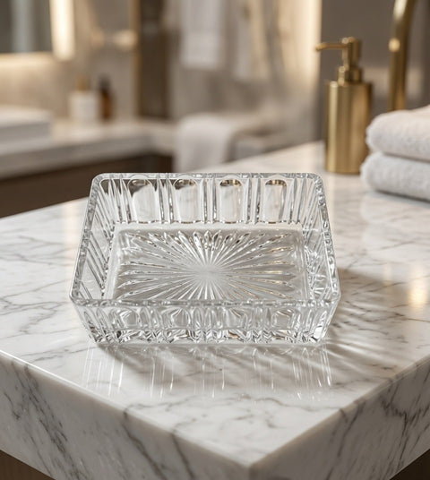 Vintage Pressed Glass Rectangular Trinket Dish Starburst Sawtooth Rim VG