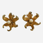 Vintage 1960s Flower Clip On Earrings Gold Tone Floral Petal Pearl Design 1" G