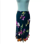 TESS Iris Floral Silk Skirt S 10 Black Multicolor Sheer Midi Skirt Lightweight