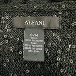 ALFANI Womens Blouse S/M Black Sequin Sparkle Mesh Top Short Sleeve Cowl Neck VG