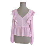 STRADIVARIUS Womens Top M Lilac Self Spot Ruffle Blouse Sheer V Neck Long Sleeve