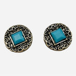 Turquoise Stud Earrings Silver Tone Flower Button 0.6" Women's Costume Jewelry