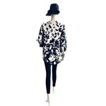 Susan Bristol Silk Floral Print Trench Jacket 3/4 Sleeve Black White Women M