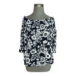 LOFT Navy Blue Floral Off Shoulder Blouse Sz M Bell Sleeve Ruffle Top 100% Rayon