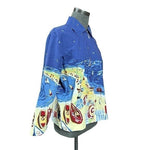 ONQUE Casuals Coastal Beach Print Zip Jacket Women M Cotton Blue Multicolor VG