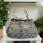 COACH Gabby Signature Tote Grey Silver Canvas Leather Shoulder Bag Good Plus