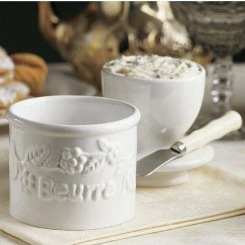 Vintage Butter Bell Crock Fleur de Lis White Ceramic Raised Floral Band 4.5”