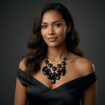 Black Faceted Bib Statement Necklace 19.5"-22.5" VG