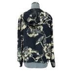 Womens Reversible Hoodie L Floral Black White Beige Zip Front Sheer Cardigan VG