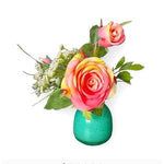 Vintage Teal Cayman Glass Bud Vase Art Deco 4.5" with Floral Arrangement 10" VG