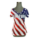 Sweet Gisele Womens Top M Patriotic Tee New York American Flag Rhinestone V Neck