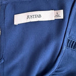 JUSTFAB Women's Navy Blue Bell Sleeve Romper Sz L Rayon Crewneck Button Back NWT