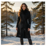 Women's Black Prima Pelle Shearling Fur Trim Wrap Coat Belted Long Jacket Size M