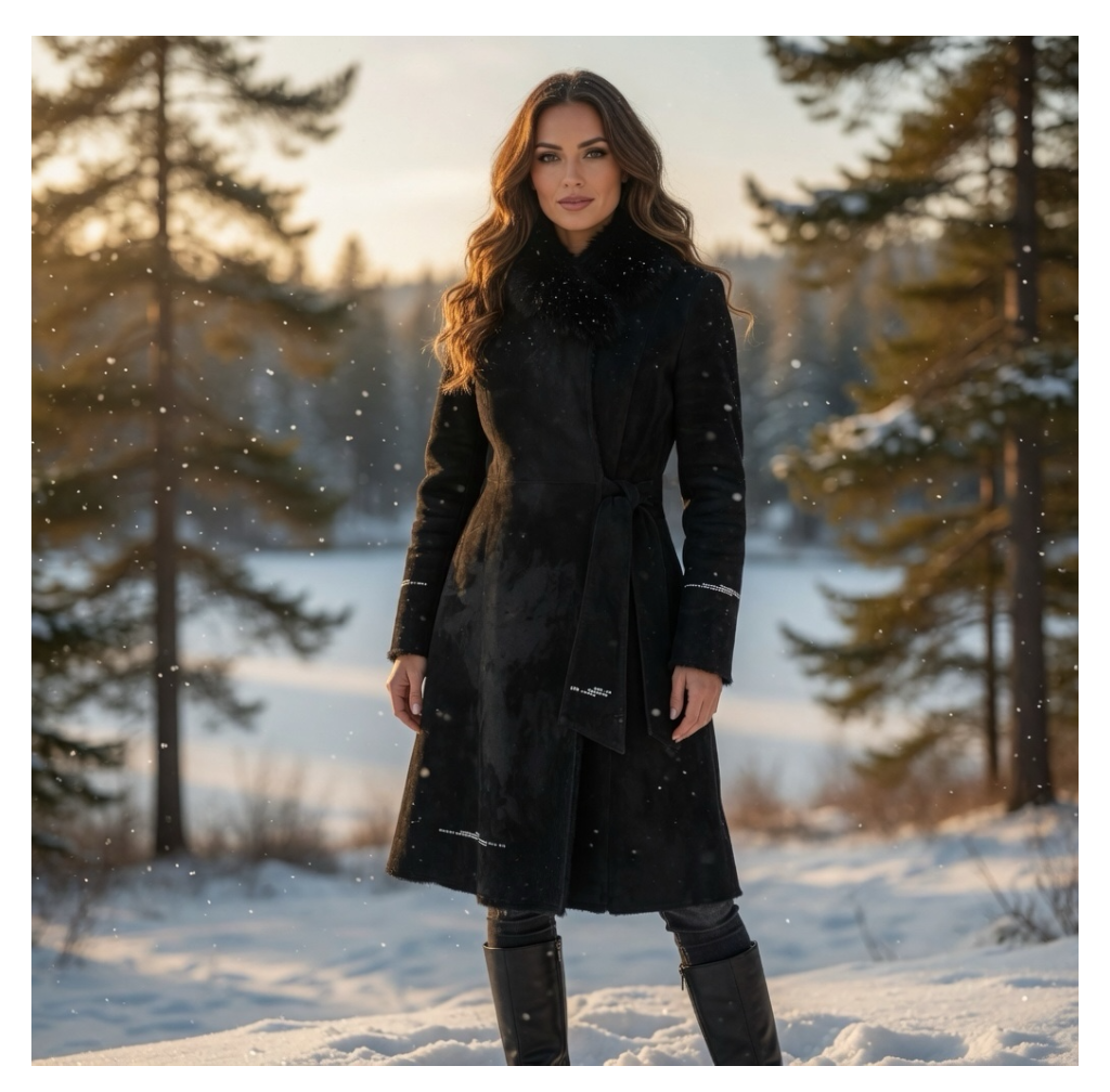 Women's Black Prima Pelle Shearling Fur Trim Wrap Coat Belted Long Jacket Size M